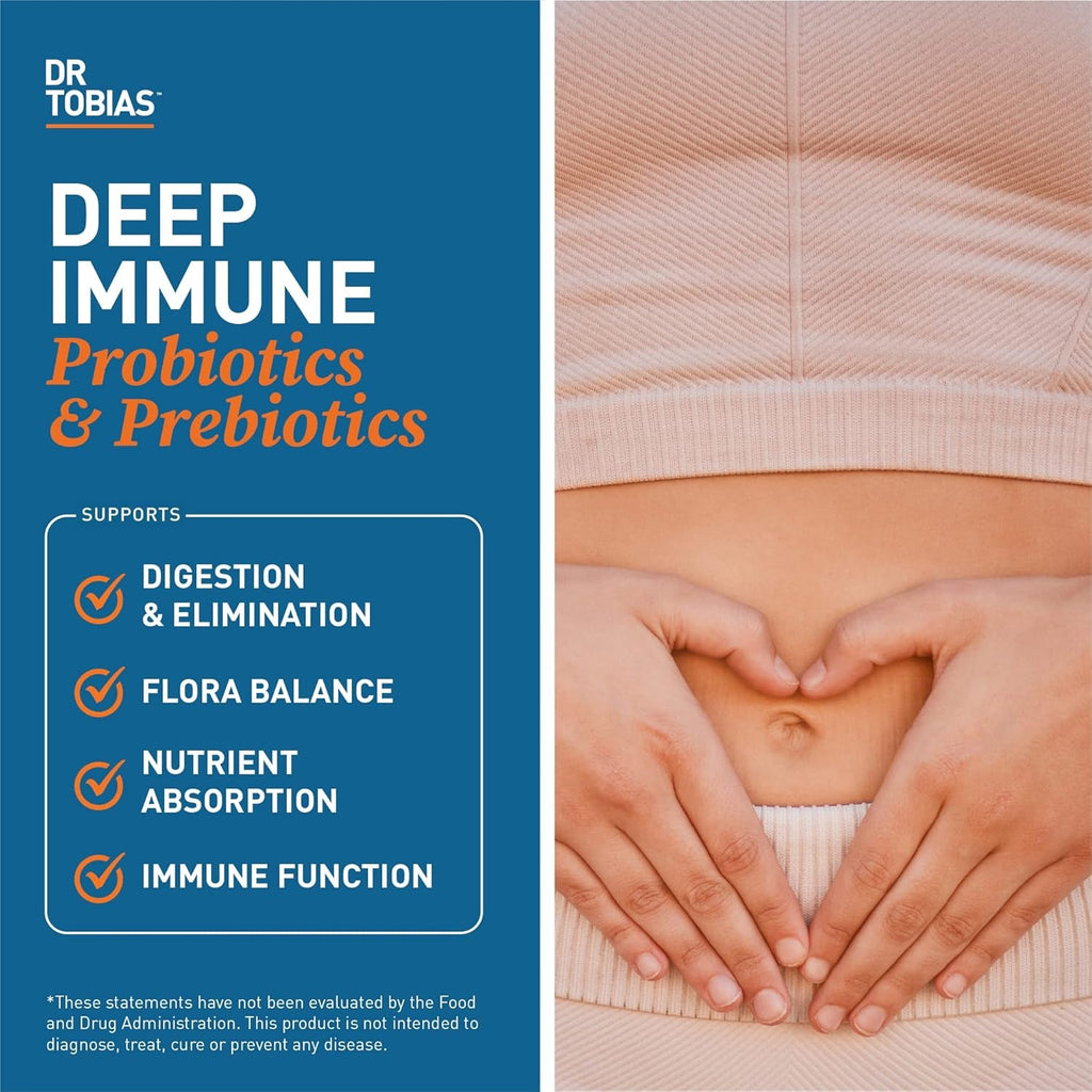 Dr. Tobias Deep Immune Probiotics & Prebiotics - Dual Action Digestion & Immune Support with Preforpro Prebiotics & Delayed Release Spore Forming Probiotics for Women & Men - 60 Capsules (30 Servings)