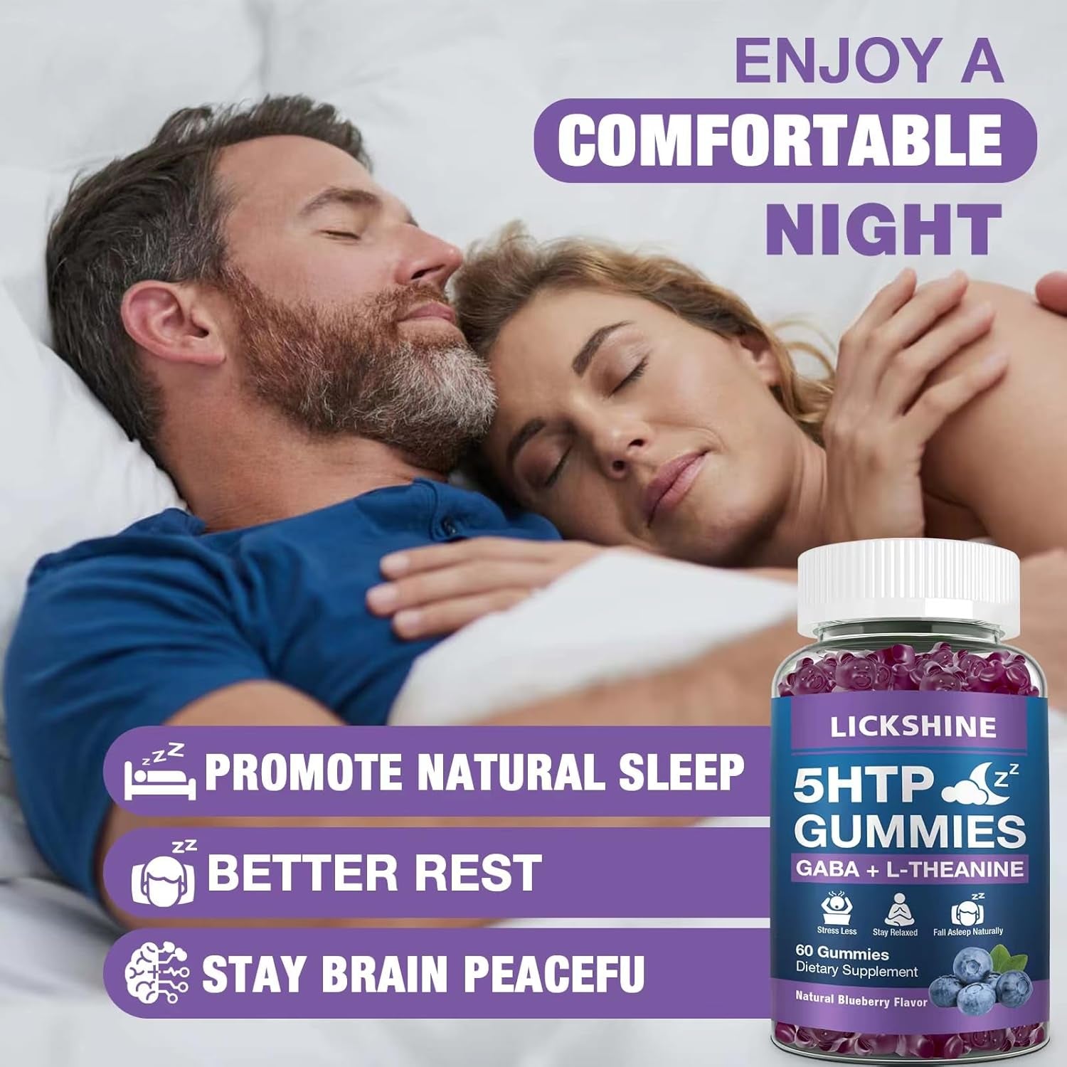 2 Pack 300MG 5-HTP GABA Sleep Supplement Gummies with 200Mg L-Theanine Supplement for Brain, Mood Stabilizer and Sleep Support, Melatonin-Free, Omega 3-6-9 for Natural Zzzs, Blueberry Flavor