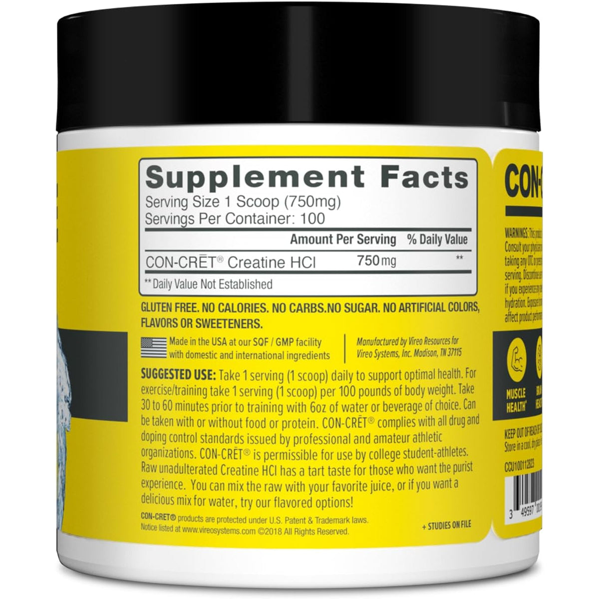 CON-CRET Creatine Hcl Powder | Muscle, Cognitive, Cellular Energy Support | No Bloating or Cramps | USA Made & NSF Certified | Unflavored (100 Serving)