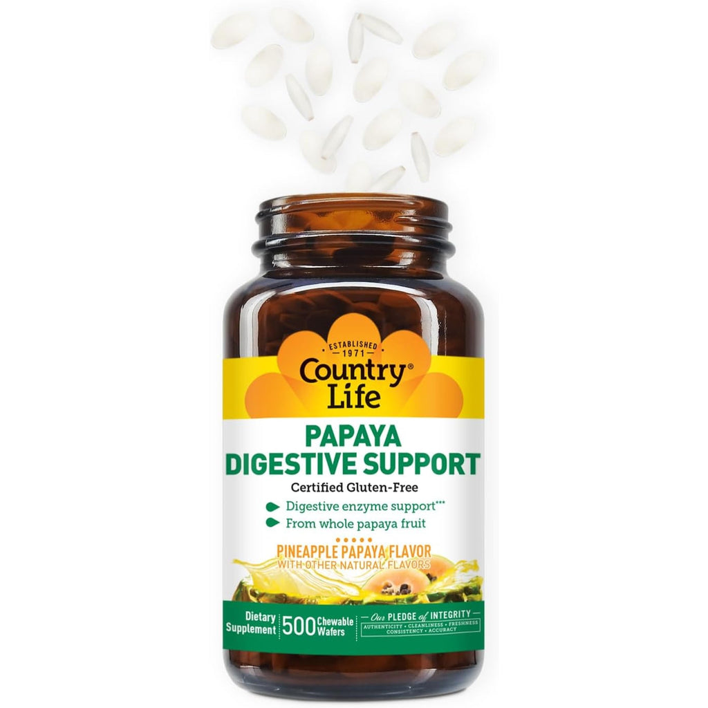 Country Life Chewable Papaya Enzymes for Digestion Support - Natural Pineapple & Papaya Flavor, Assists with Nutrient Absorption, Contains Papain & Protease - 200 and 500 Wafers Available