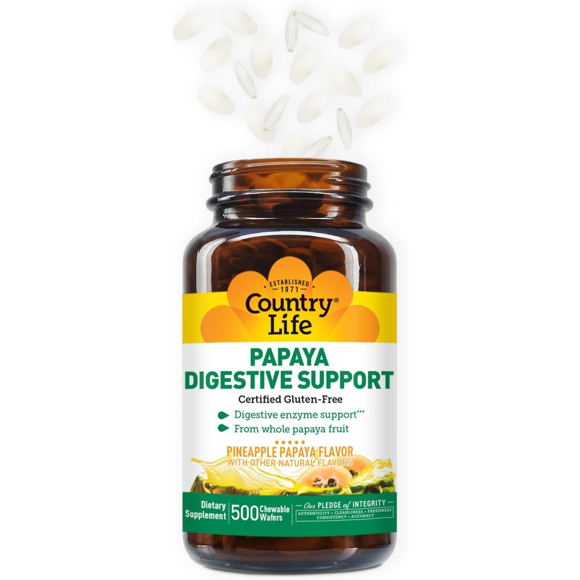 Country Life Chewable Papaya Enzymes for Digestion Support - Natural Pineapple & Papaya Flavor, Assists with Nutrient Absorption, Contains Papain & Protease - 200 and 500 Wafers Available