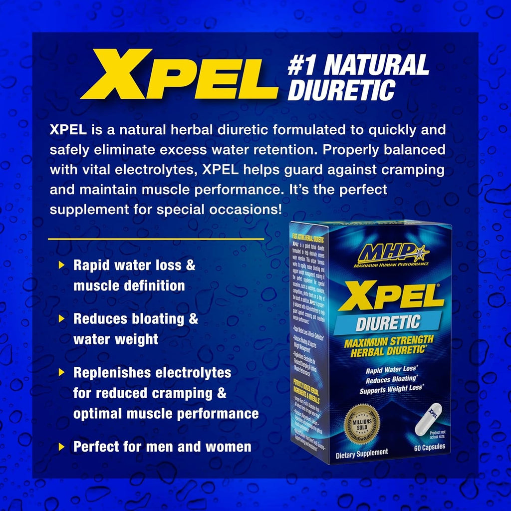 Maximum Human Performance Xpel Maximum Strength Diuretic Water Pills, for Water Retention Relief, Weight Loss Support, with Vitamin B-6 Potassium Dandelion Root, 80 Capsules