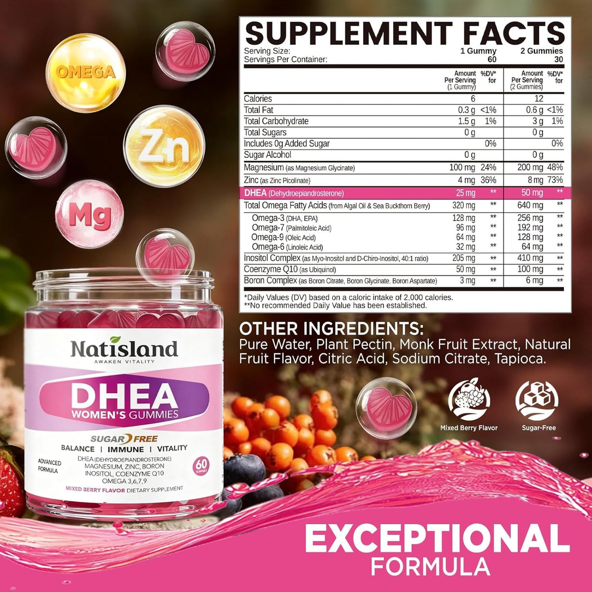 DHEA Supplement for Women, DHEA 50Mg with Omega-3, Magnesium & Antioxidant Blend, Supports Hormone Balance, Healthy Aging, Immunity & Energy, DHEA 25 Mg per Gummy, Non-Gmo, Sugar Free, 60Ct