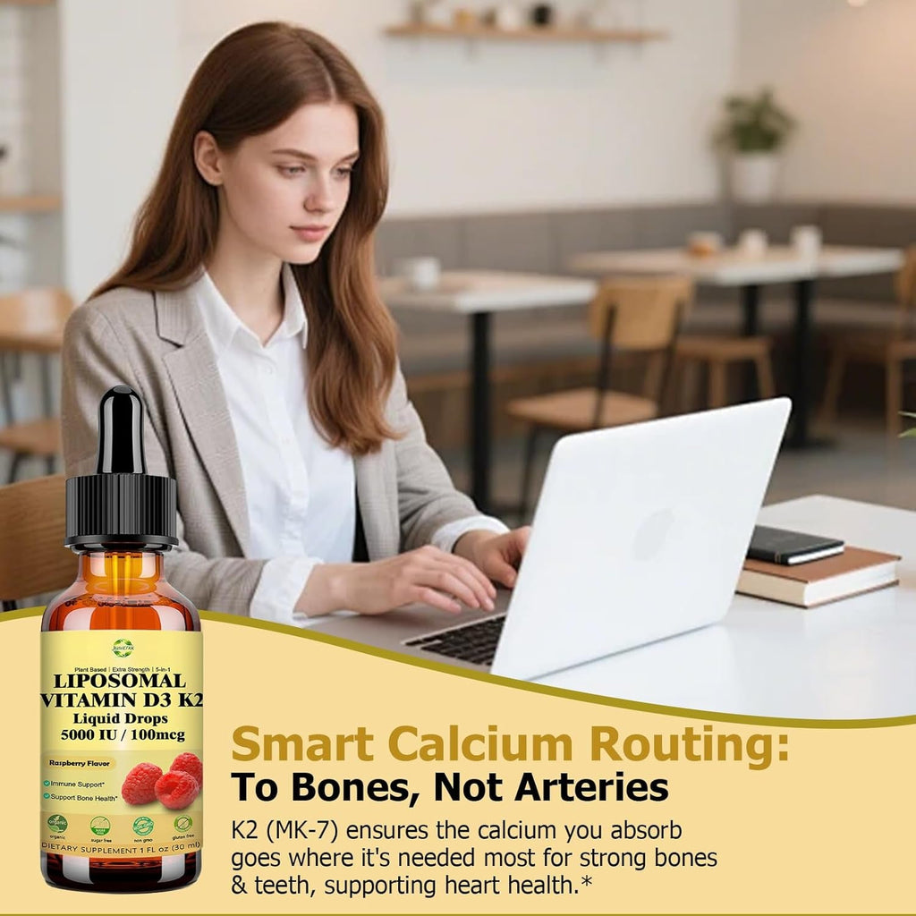 Liquid Vitamin D3 K2 Drops with Calcium Magnesium Omega3, High Potency 5-In-1 D3 K2 Vitamin 5000 IU Supplement for Bone Health, Heart Teeth & Immue, Ultra High Absorption Liposomal D3K2 Plant-Based