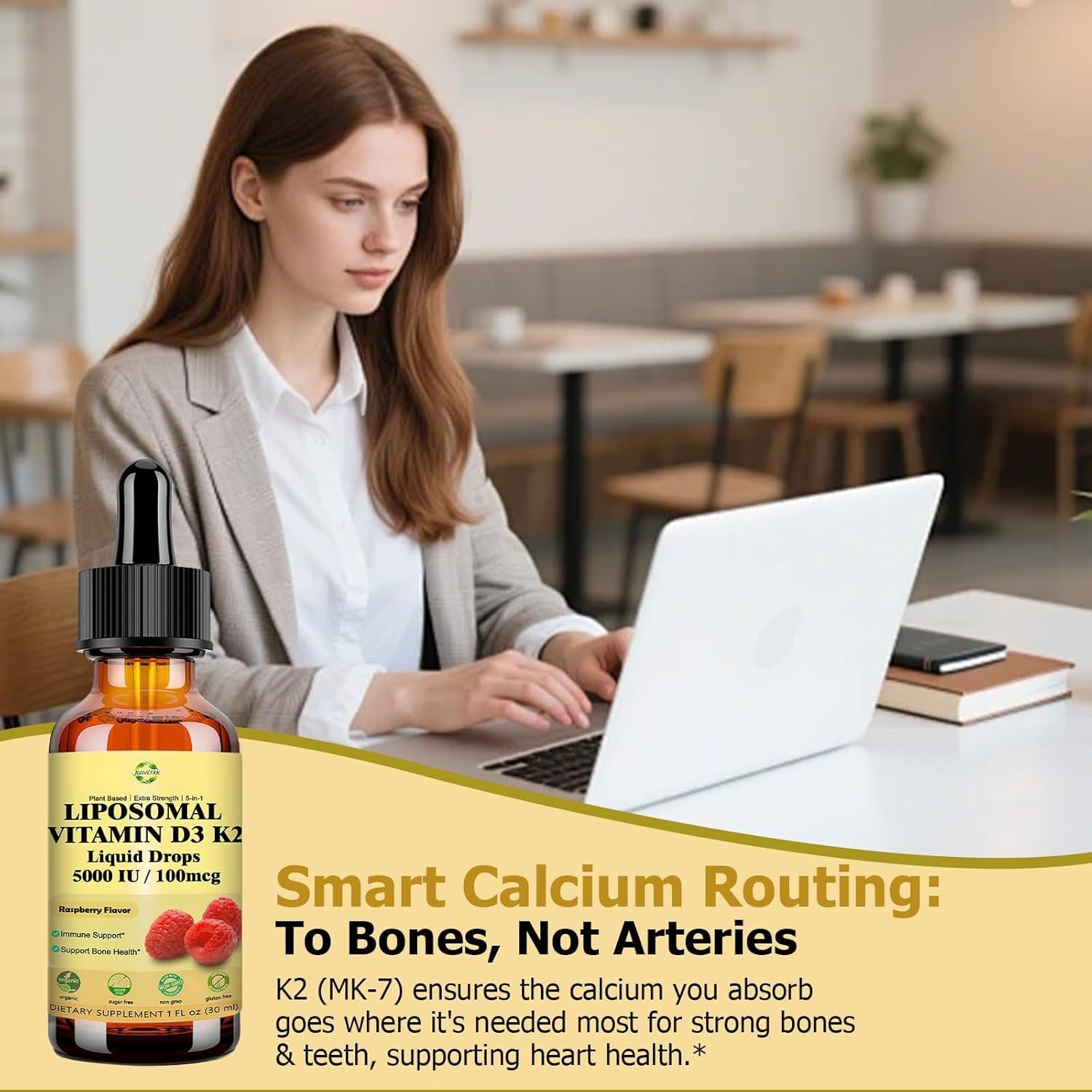 Liquid Vitamin D3 K2 Drops with Calcium Magnesium Omega3, High Potency 5-In-1 D3 K2 Vitamin 5000 IU Supplement for Bone Health, Heart Teeth & Immue, Ultra High Absorption Liposomal D3K2 Plant-Based