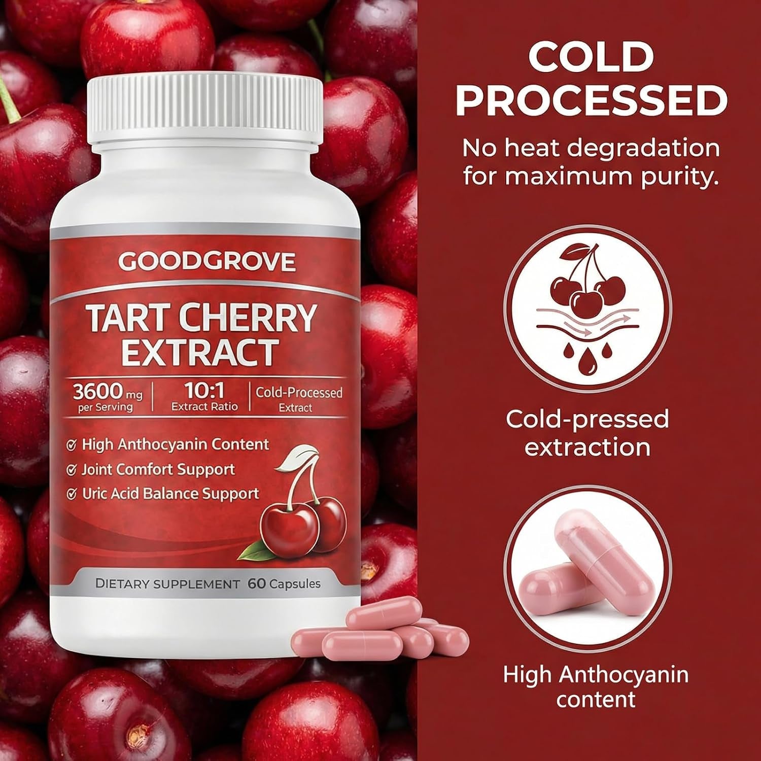 Good Grove Tart Cherry Extract Capsules, Goodgrove Tart Cherry Extract Supplement | 10:1 Extract, 3600Mg Strength | Supports Joint Comfort, 60 Count (1)
