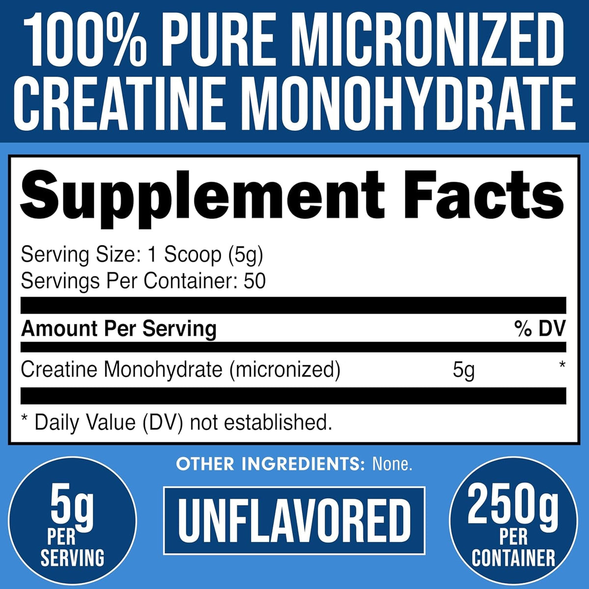 Bucked up Pure Micronized Creatine Monohydrate for Women and Men - Easy to Mix and Unflavored - 5G per Serving - 50 Servings - 250 Grams per Container