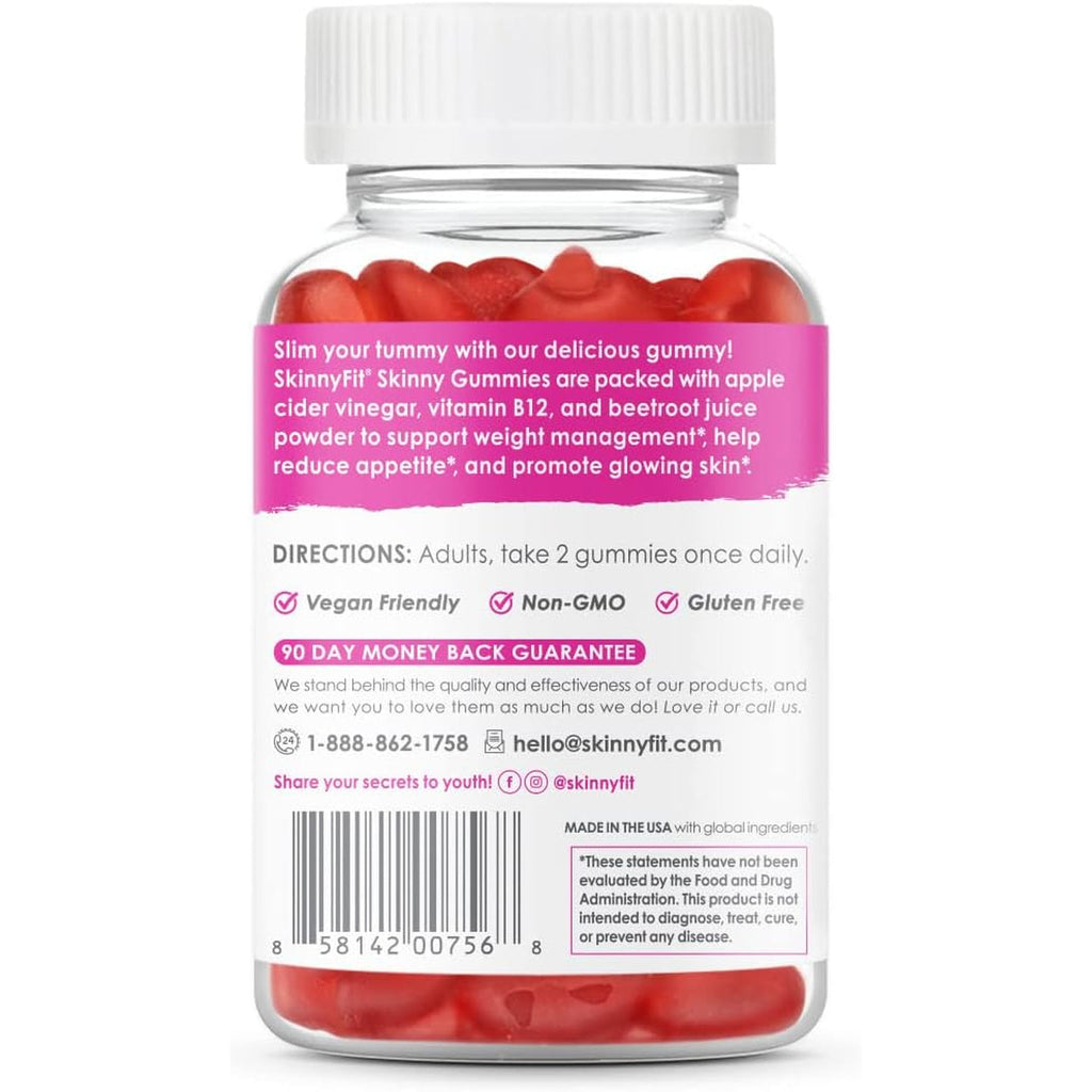 Skinnyfit Skinny Gummies Apple Cider Vinegar Gummies W/ the Mother, Healthy Weight, Immune Support, Vitamin B9, B12, Beetroot, Pomegranate, Vegan-Friendly, 60 Count