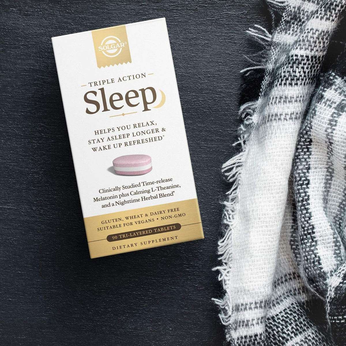 Solgar Triple Action Sleep, 90 Tri-Layer Tablets - Time-Release Melatonin & L-Theanine plus Herbal Blend - Helps You Relax - Non-Gmo, Gluten Free - 90 Servings