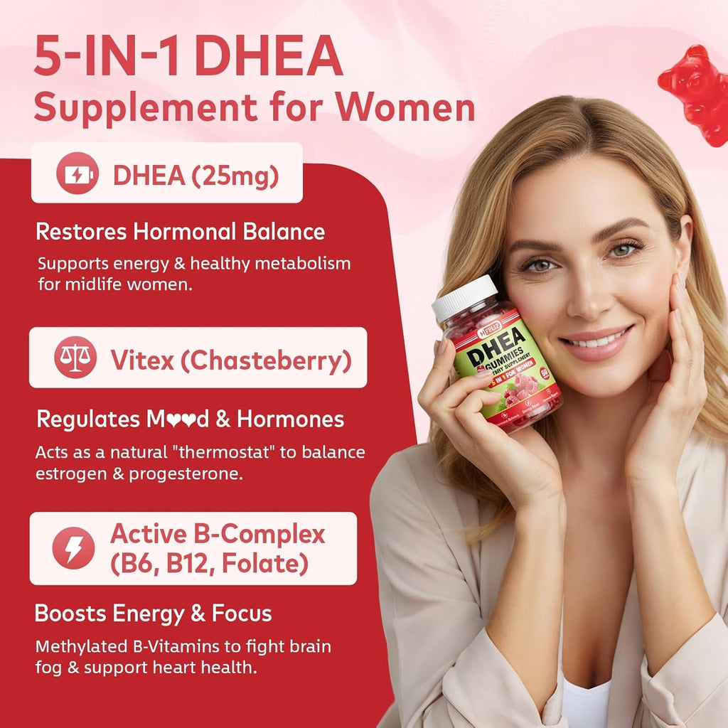 DHEA Supplement for Women, DHEA 25Mg Gummies with B6, B12, Folate and Chasteberry for Energy Support, Vegan, Raspberry Flavor, 60 Count