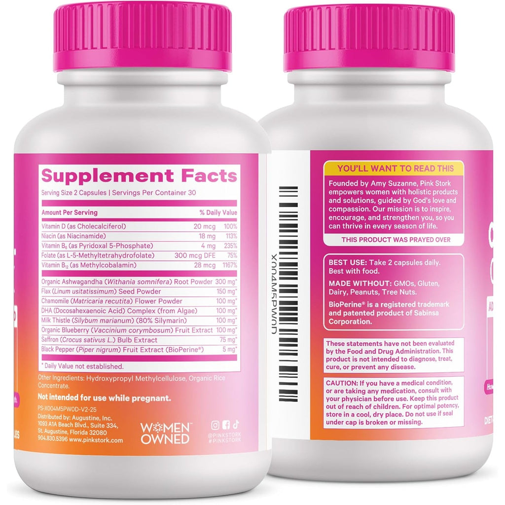 Pink Stork Cortisol Supplements for Women - Adaptogenic Adrenal Support & Stress Manager with Organic Ashwagandha, Omega 3, Saffron, Multivitamins - Mood & Hormone Balance - 60 Count