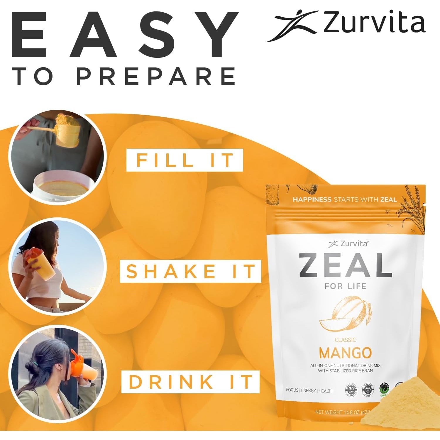 Zurvita Zeal for Life Wellness Drink Mix - Mango Flavor - Gluten-Free, Vegan, with Biotin, Vitamins B12, C, D, E, Iron, Magnesium - 30 Servings (420G)