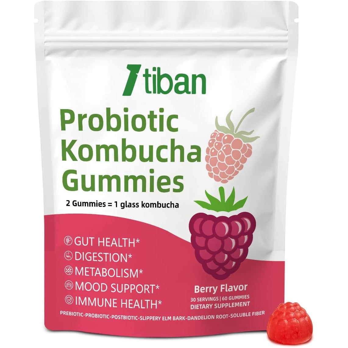 Probiotic Kombucha Gummy - Prebiotics, Probiotics, Postbiotics, Fiber Supplement, Slippery Elm for Bloating, Gut Health, Women and Men, 60Ct