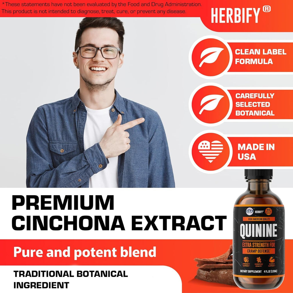 HERBIFY Quinine Tincture - Quinine Liquid Extract for Healthy Digestion - Quinine Cinchona Supplement for Better Absorption - US Made Product - for Men & Women 4Oz (120Ml)