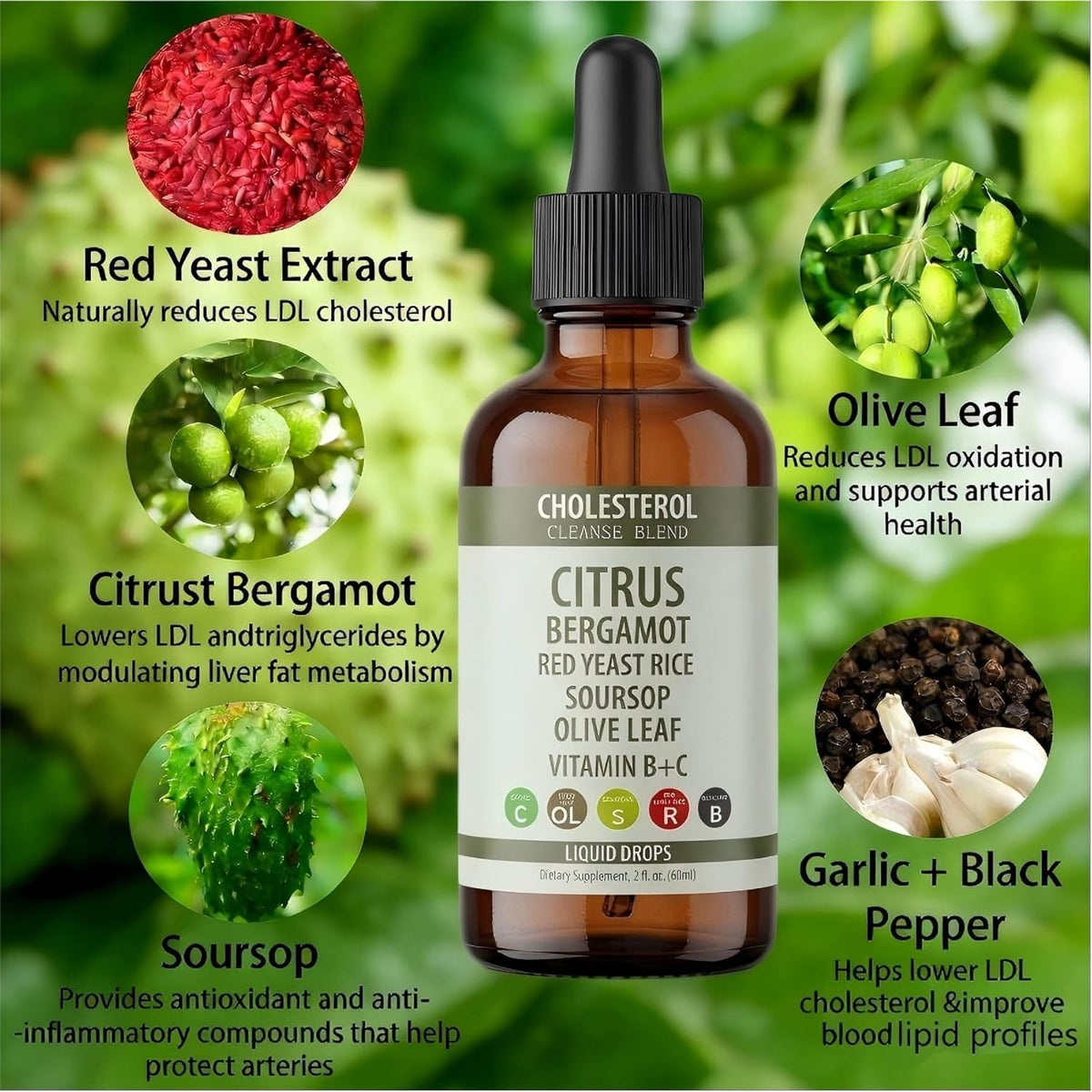 Red Yeast Rice Drops - High Absorption Cholesterol Support, Red Yeast Rice, Soursop, Olive Leaf,Vitamin B+C, Natural, Non-Gmo Vegan, Heart Health Antioxidant Liquid Supplement 2 Fl Oz,2Pcs