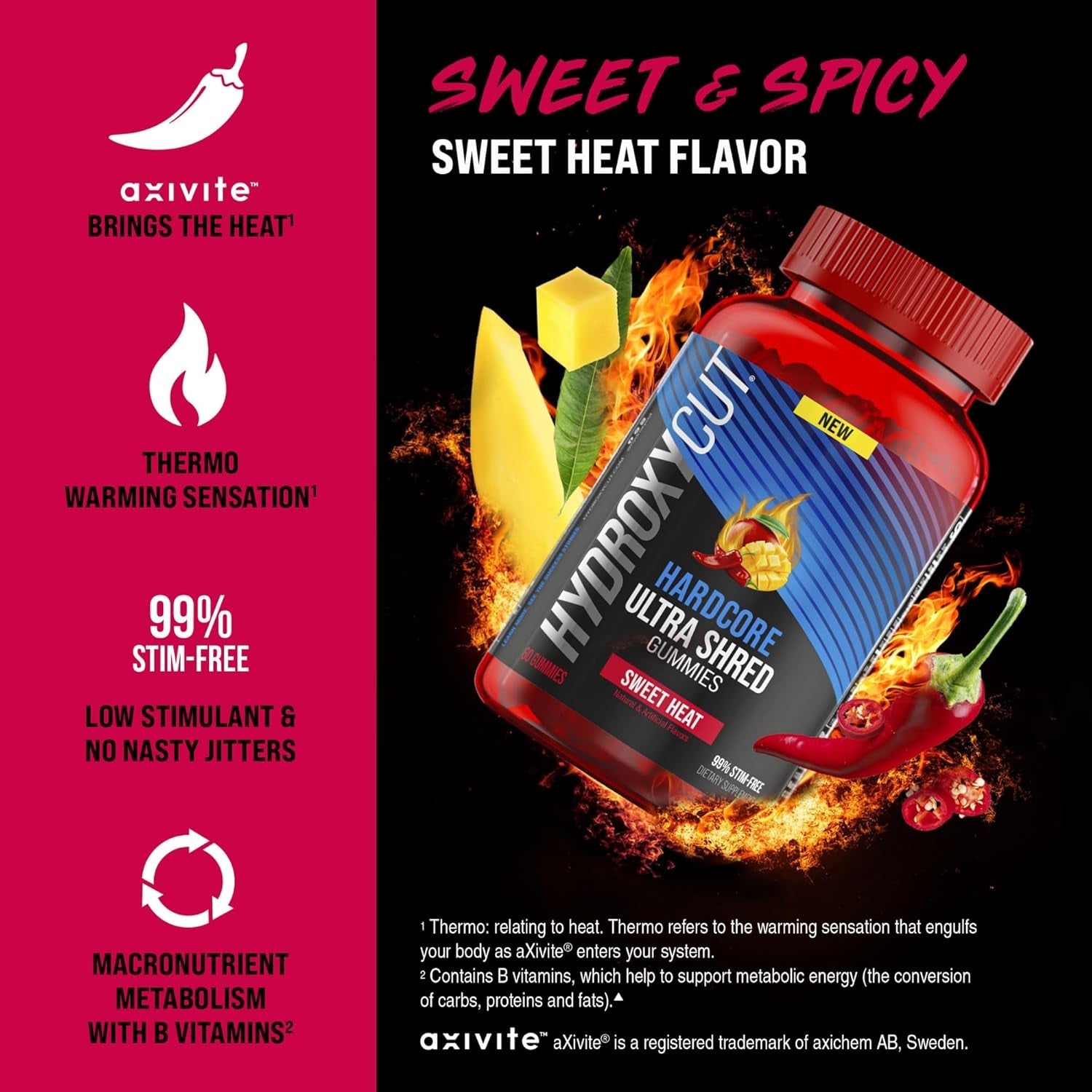 Hydroxycut Hardcore Ultra Shred Gummies, Sweet Heat - 99% Stimulant Free - Includes Capsaicin & B Vitamins - for Women & Men