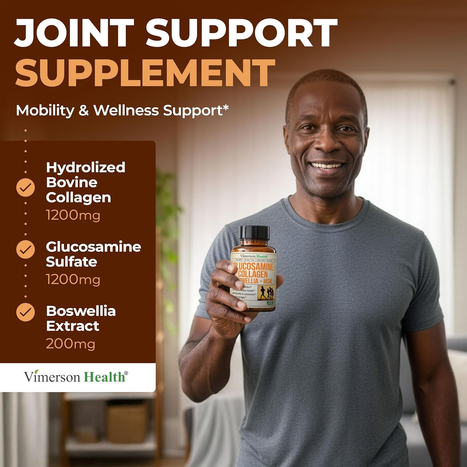 Glucosamine Chondroitin with 1200Mg Hydrolyzed Collagen Peptides, Boswellia Extract, Quercetin, Bromelain, MSM – Hair Skin Nails and Joint Supplement for Women & Men – FSA Eligible 120 Capsules