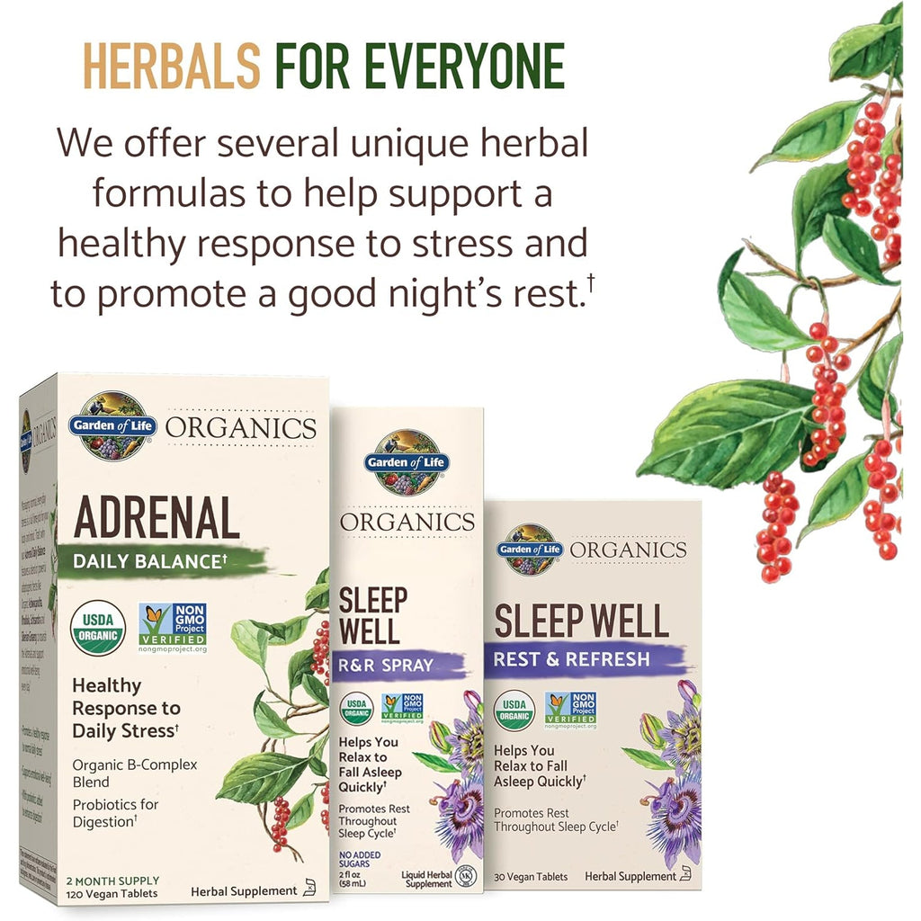 Garden of Life Organics Adrenal Daily Balance, Adaptogenic Herbs Ashwagandha, Holy Basil, B Complex & Probiotics, Organic Non-Gmo, Vegan, Gluten Free Supplement, Two Month Supply, 120 Tablets