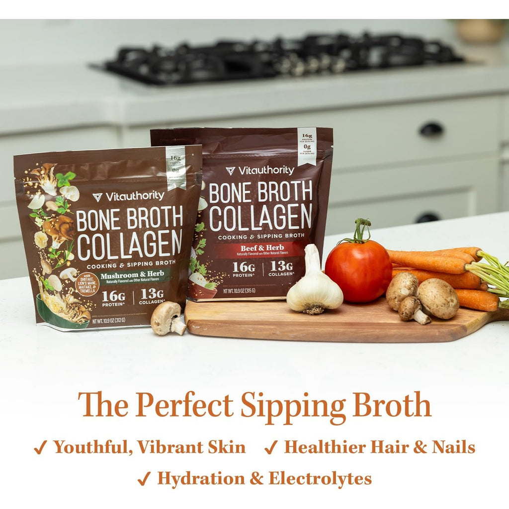 Vitauthority Bone Broth Collagen Delicious Chicken Noodle Flavored - Packed with 16G of Protein & Types I, II, III - Nourishes Skin, Hair, Nails, Joints, & Gut - Beef Bonebroth