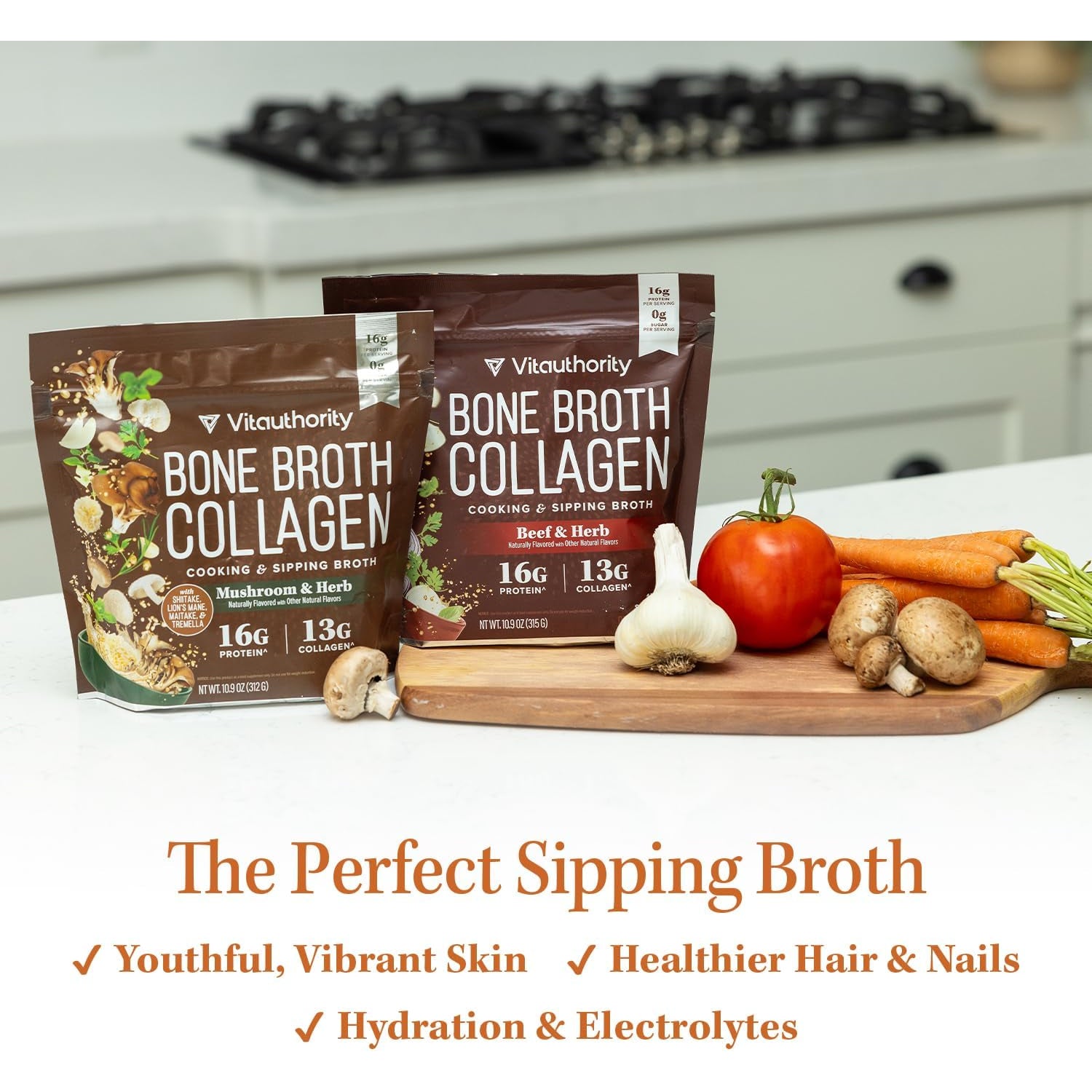 Vitauthority Bone Broth Collagen Delicious Chicken Noodle Flavored - Packed with 16G of Protein & Types I, II, III - Nourishes Skin, Hair, Nails, Joints, & Gut - Beef Bonebroth