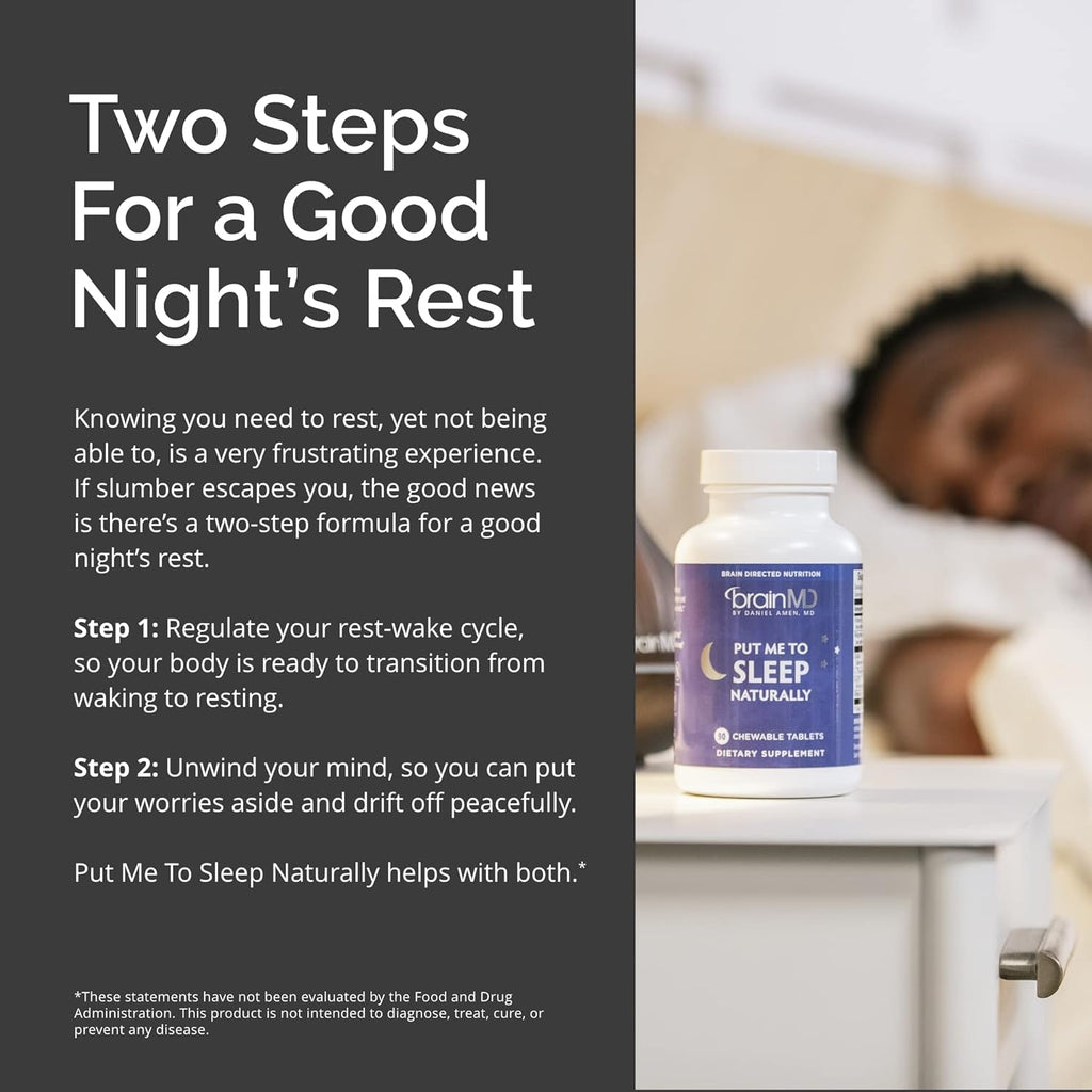 BRAINMD Dr Amen Put Me to Sleep Naturally - 90 Chewable Tablets - with Melatonin, L-Theanine, Magnesium, GABA, Vitamin B6 & 5-HTP - Gluten Free - 45 Servings