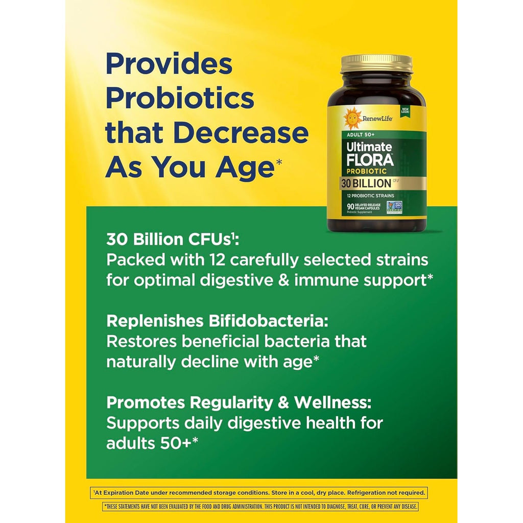 Renew Life Probiotic Adult 50 plus Probiotic Capsules, Daily Supplement Supports Urinary, Digestive and Immune Health, L. Rhamnosus GG, Dairy, Soy and Gluten-Free, 30 Billion CFU, 90 Count