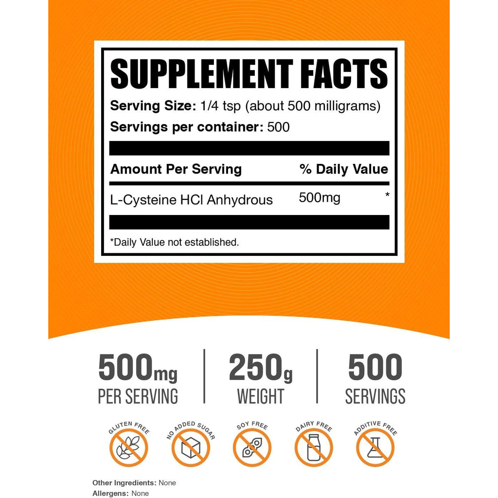 Bulksupplements.Com L-Cysteine Hcl Powder - NAC Supplement, Amino Acid Supplement - Gluten Free, 500Mg per Serving, 250G (8.8 Oz) (Pack of 1)