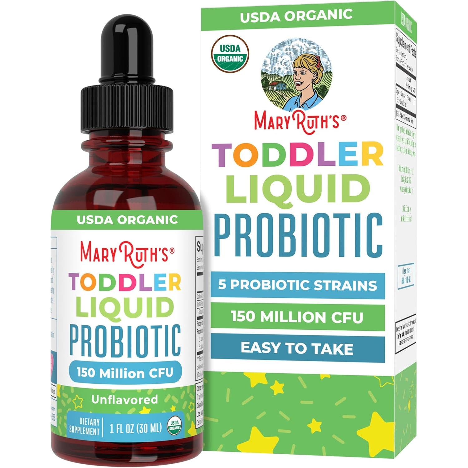 Maryruth'S Organic Toddler Probiotic Liquid Drops | Kids Probiotics for Ages 1-3 | 5 Probiotic Strains | 150 Million CFU per Serving | USDA Organic | Sugar Free | Vegan | Gluten Free | 1 Fl O