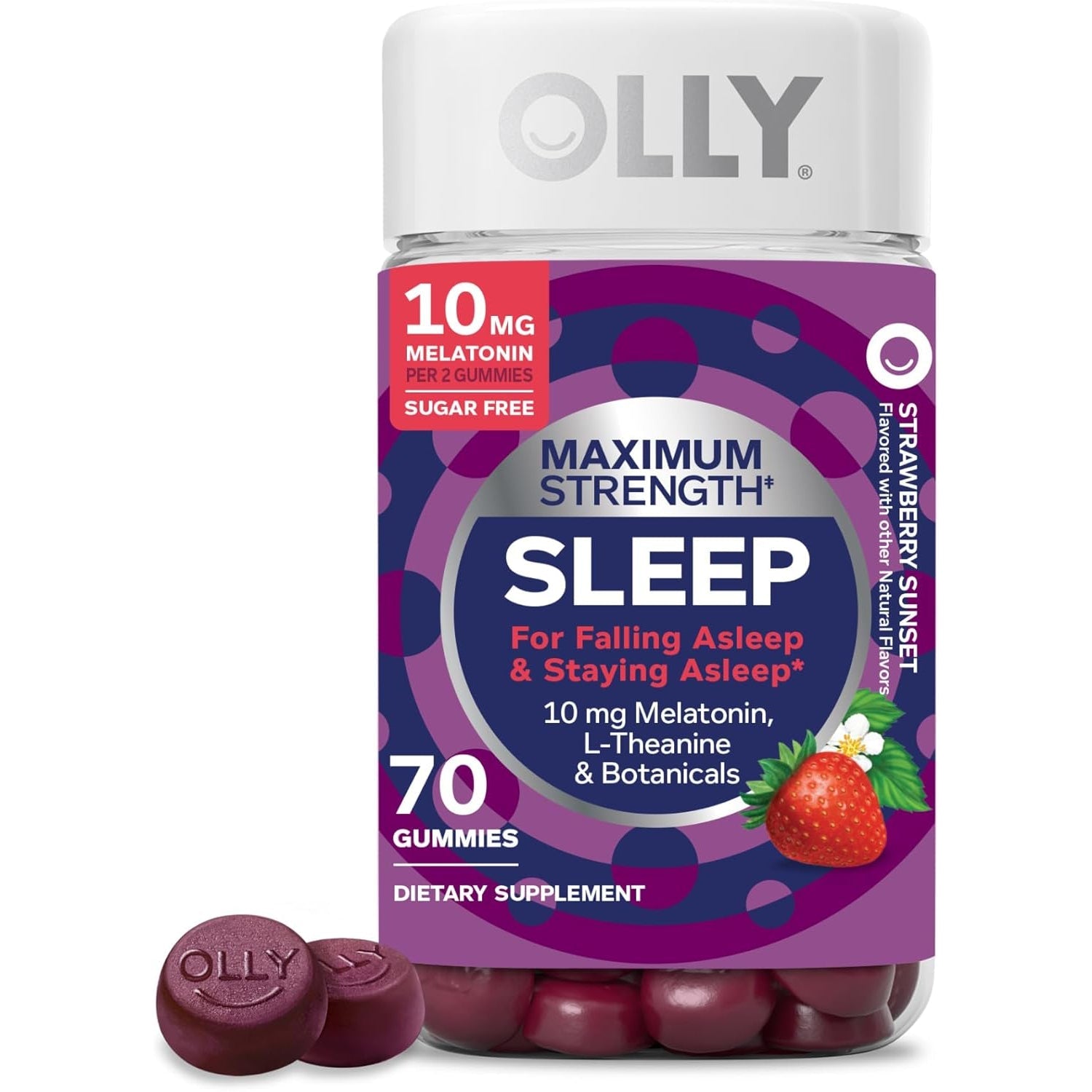 OLLY Max Strength Sleep Gummy, 10Mg Melatonin, L-Theanine, Chamomile, Lemon Balm, Sugar Free, Vegetarian Sleep Aid, Strawberry - 70 Count