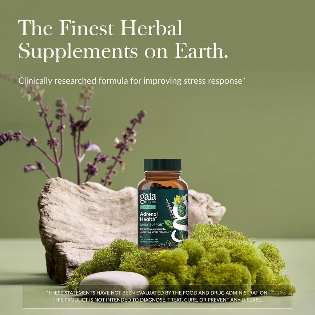 Gaia Herbs Adrenal Health Daily Support - Herbal Supplement with Ashwagandha, Holy Basil & Schisandra - Help Maintain Healthy Energy & Stress Levels* - 60 Vegan Liquid Phyto-Caps (30 Servings)