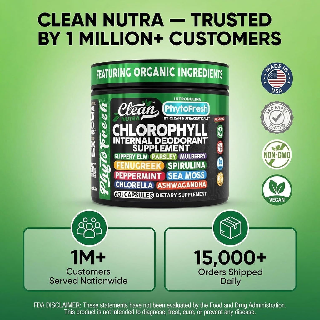 Clean Nutra Chlorophyll Capsules Supplement Internal Deodorant Peppermint, Sea Moss, Parsley, Chlorella, Spirulina, Slippery Elm, Ashwagandha, Phytofresh Greens Detox Pills