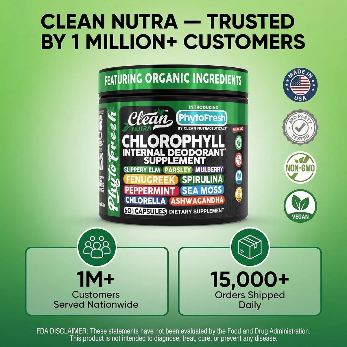 Clean Nutra Chlorophyll Capsules Supplement Internal Deodorant Peppermint, Sea Moss, Parsley, Chlorella, Spirulina, Slippery Elm, Ashwagandha, Phytofresh Greens Detox Pills