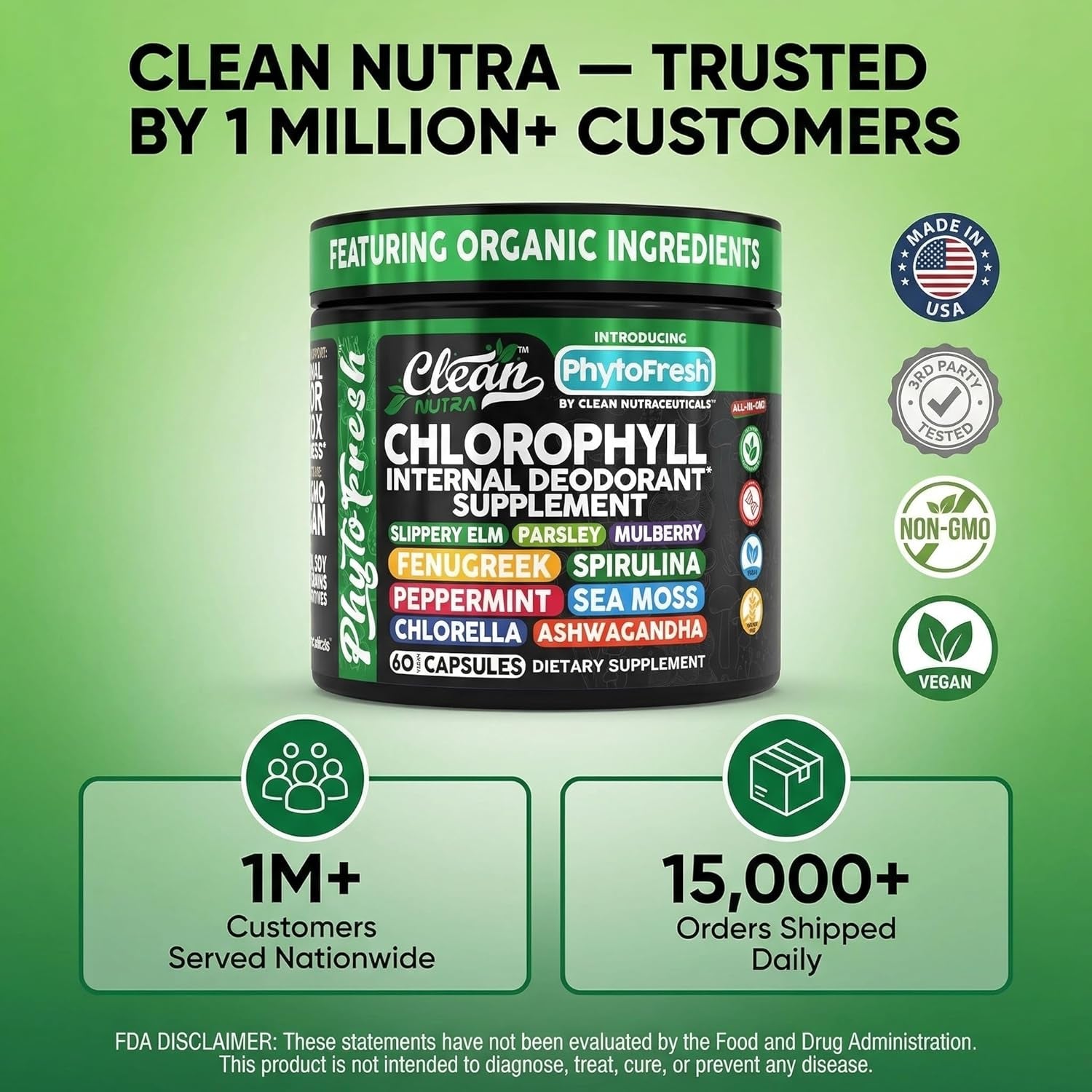 Clean Nutra Chlorophyll Capsules Supplement Internal Deodorant Peppermint, Sea Moss, Parsley, Chlorella, Spirulina, Slippery Elm, Ashwagandha, Phytofresh Greens Detox Pills