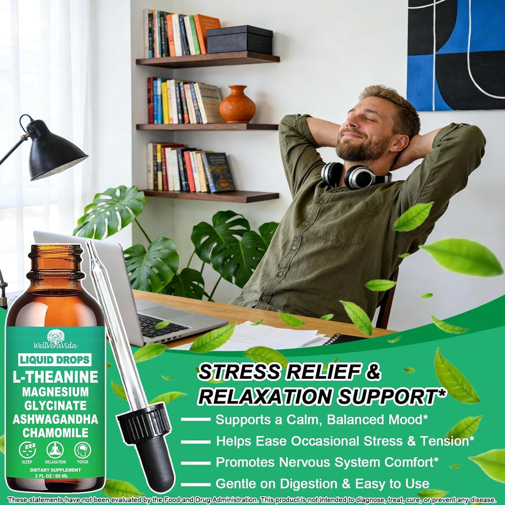 L Theanine Liquid Drops, Theanine Supplement with Magnesium Glycinate & Ashwagandha for Sleep, Relaxation & Focus Support, High Absorption Liquid L Theanine 200Mg for Adults & Kids丨Vegan, Non-Gmo, 2Oz
