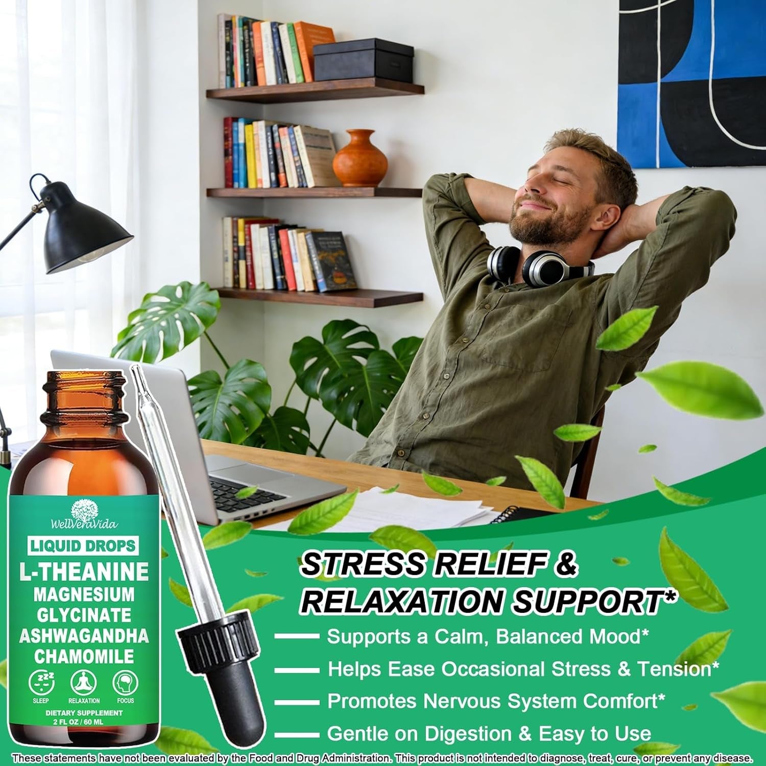 L Theanine Liquid Drops, Theanine Supplement with Magnesium Glycinate & Ashwagandha for Sleep, Relaxation & Focus Support, High Absorption Liquid L Theanine 200Mg for Adults & Kids丨Vegan, Non-Gmo, 2Oz