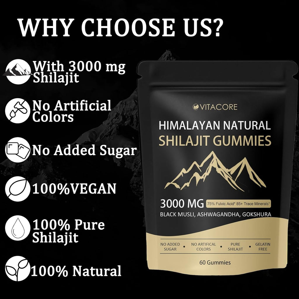 Vitacore Himalayan Shilajit Gummies for Men & Women, 85+ Trace Minerals & Fulvic Acid, Gluten-Free, 60 Gummies