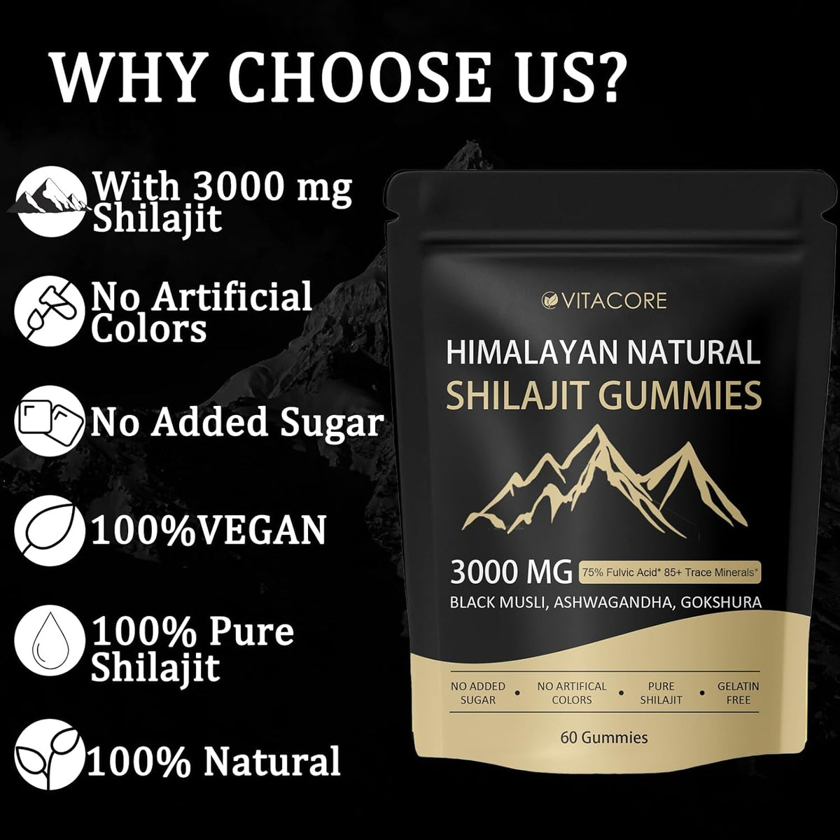 Vitacore Himalayan Shilajit Gummies for Men & Women, 85+ Trace Minerals & Fulvic Acid, Gluten-Free, 60 Gummies