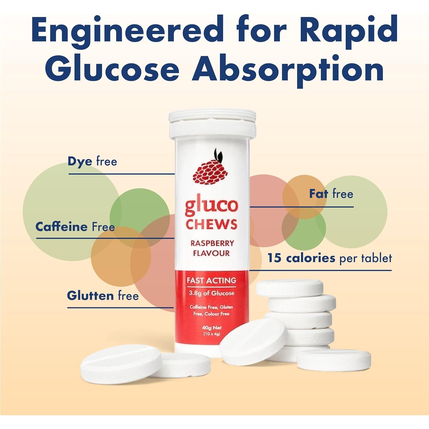 Fast Acting Glucose Tablets, Glucochews Raspberry, 60 Count (10 Tablets per Tube, 6 Pocket-Sized Tubes), Boosts Energy, Supports Blood Sugar, Gluten-Free, Caffeine-Free, Colouring-Free
