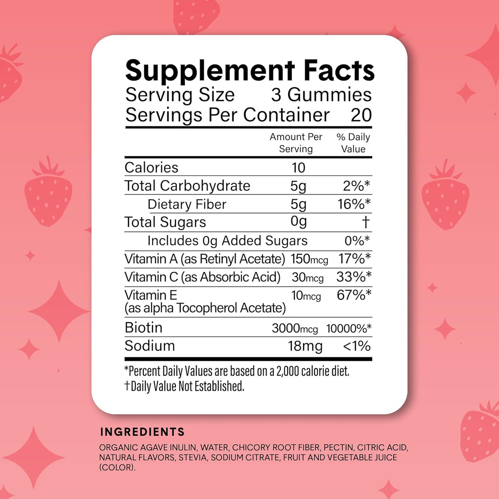 Bellway Super Fiber Gummies + Beauty – Sugar Free Fiber Supplement with Biotin & Vitamins a C E – Supports Digestive Health, Skin, Hair & Nails - 60 Count