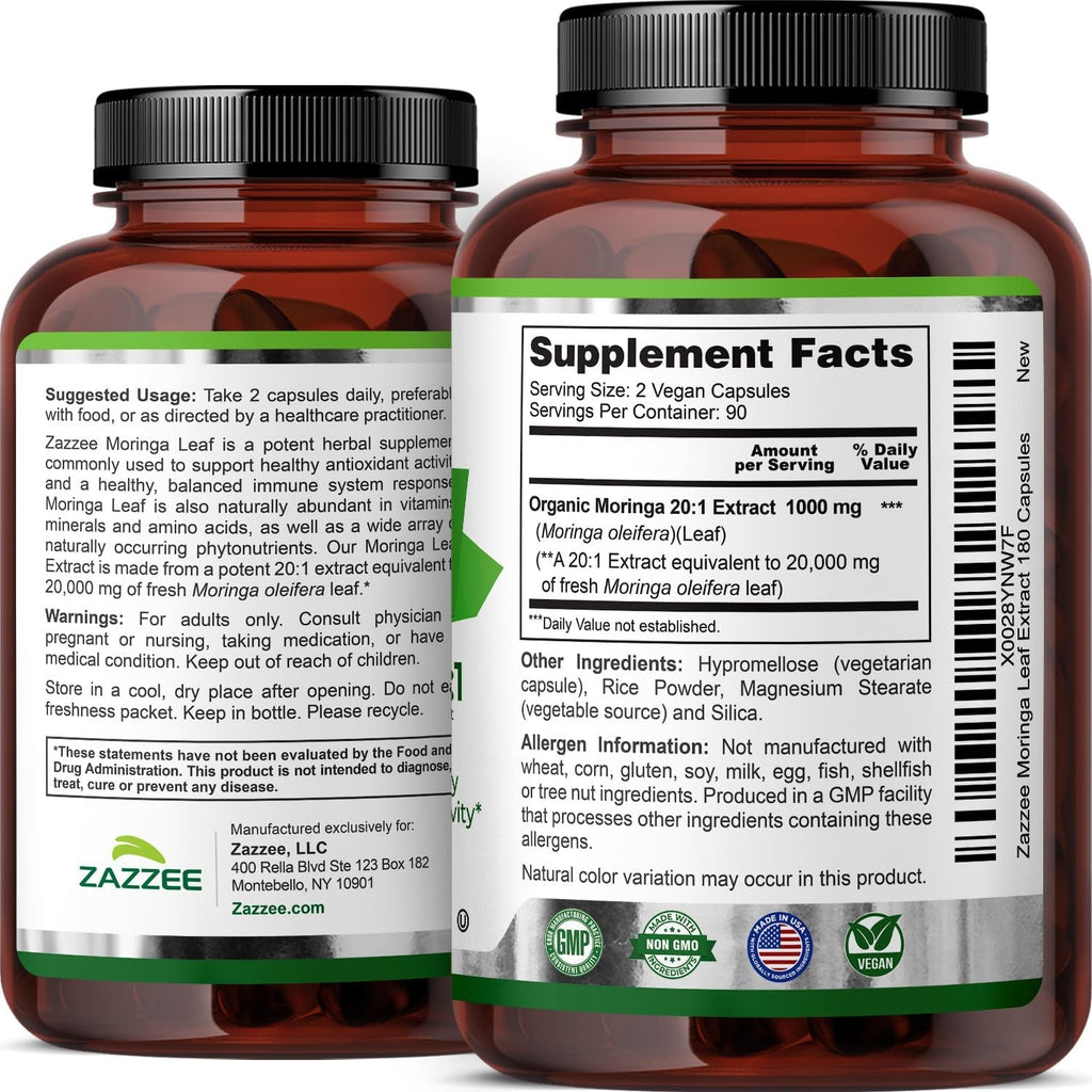 Zazzee USDA Organic Moringa Leaf 20:1 Extract, 180 Vegan Capsules, 3 Month Supply, Certified Kosher, Moringa Oleifera, Antioxidant, Immune & Cellular Support, Superfood Supplement, Made in the USA