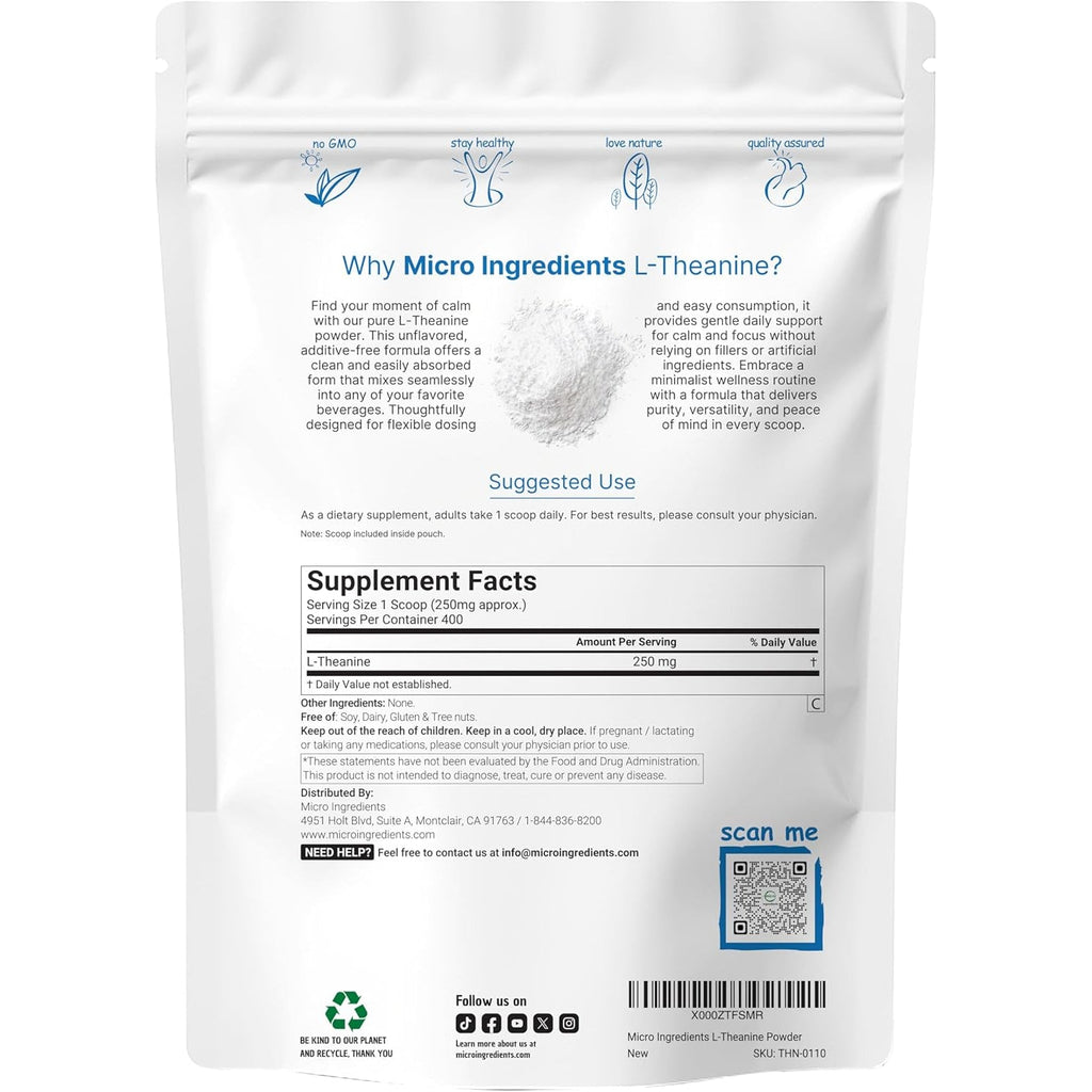 Pure L-Theanine Powder, 100 Grams (1 Year Supply), Filler Free, No Gmos and Vegan Friendly