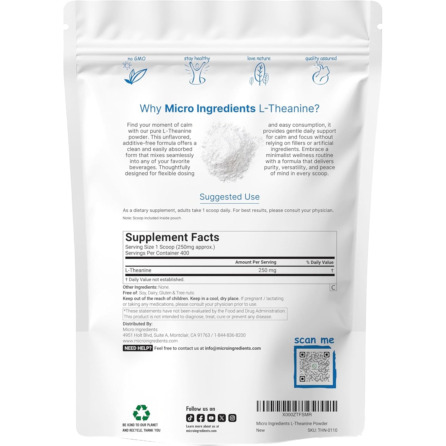 Pure L-Theanine Powder, 100 Grams (1 Year Supply), Filler Free, No Gmos and Vegan Friendly