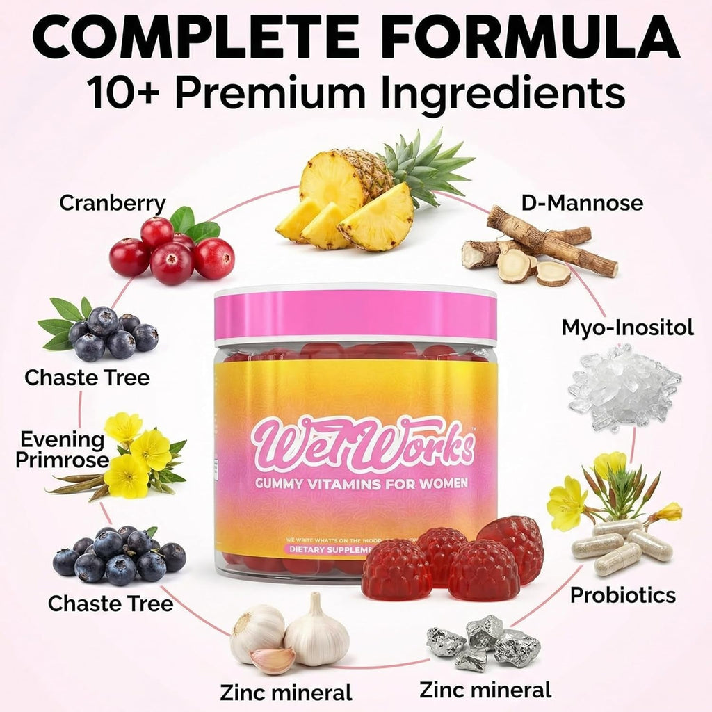 Wet Works Women'S Vaginal Probiotic Gummies Pineapple Cranberry Folic Acid D-Mannose Vitamin C Chicory Myo Inositol Garlic Black Cohosh Zinc Iron Evening Primrose Chastetree 60 Count by Clean Nutra
