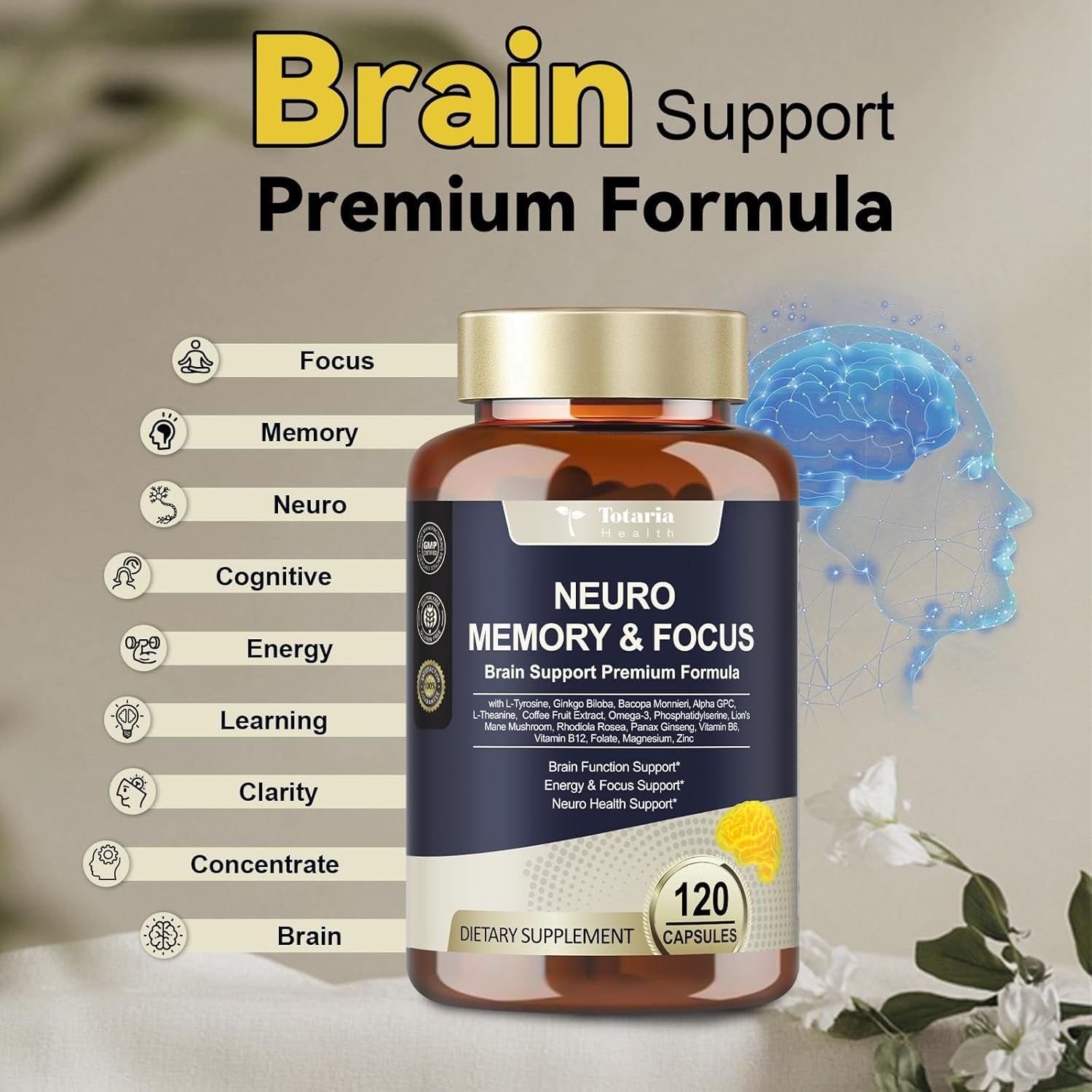 25 in 1 Brain Supplements for Memory and Focus & Neuro Health - Daily Brain Nootropic Cognitive Supplement with L-Tyrosine, Bacopa Monnieri, Ginkgo Biloba, Alpha GPC - Non-Gmo, Gluten Free