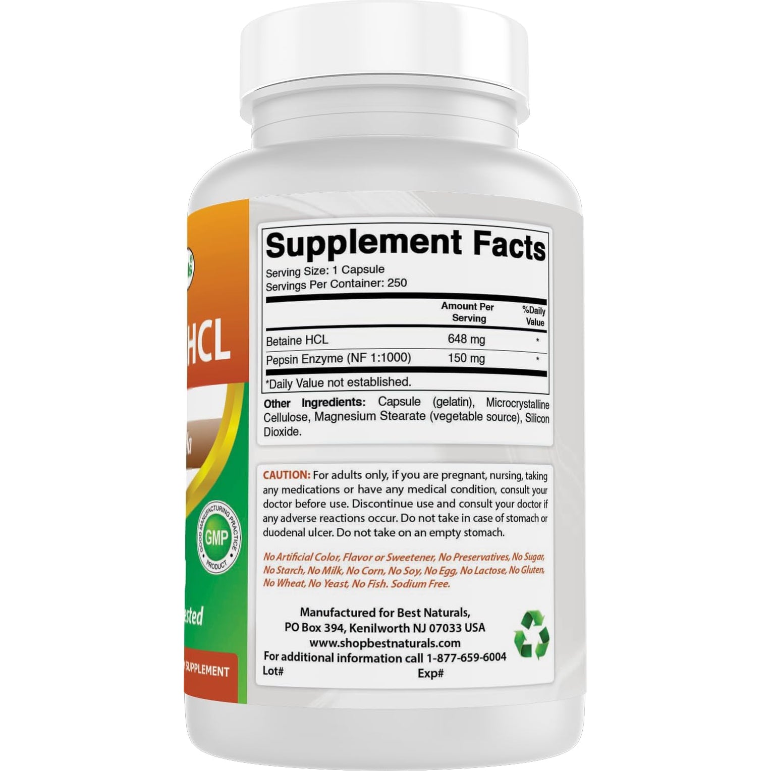 Best Naturals Betaine HCL 648 Mg 250 Capsules