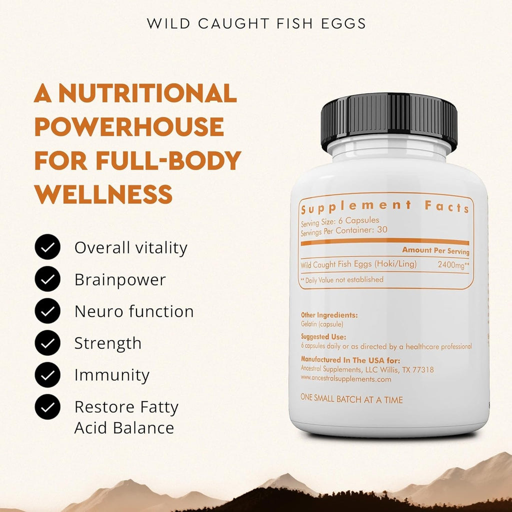 Ancestral Supplements Wild Caught Fish Eggs, 2400Mg, Omega-3 Supplement Supports Brain, Heart, Fertility and Inflammatory Health, Whole Food Source of Vitamin D, K2, and A, Non-Gmo, 180 Capsules