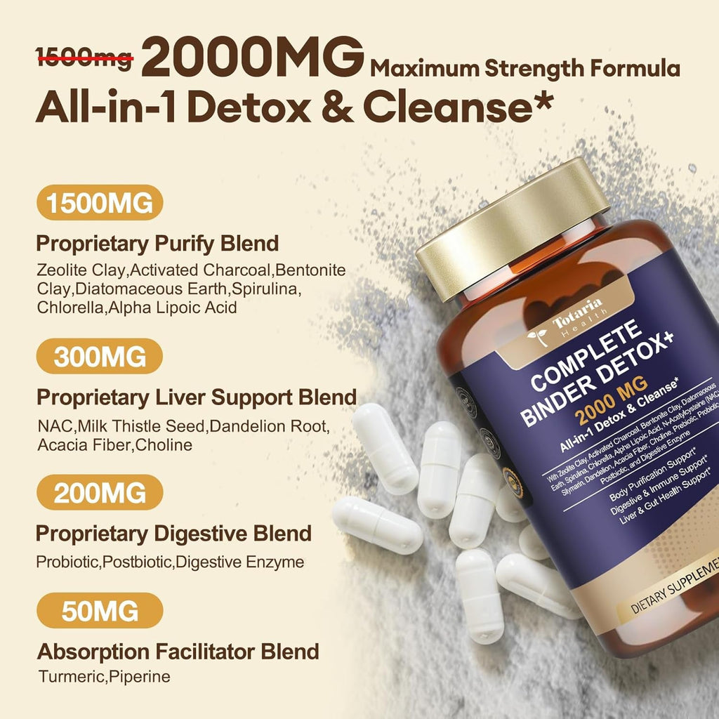 Totaria 2000MG All-In-1 Detox Binder, Activated Charcoal, Zeolite, Bentonite Clay, Alpha Lipoic Acid, 7-Layer Detox & Cleanse Supplement, Liver & Gut Support, 120 Counts