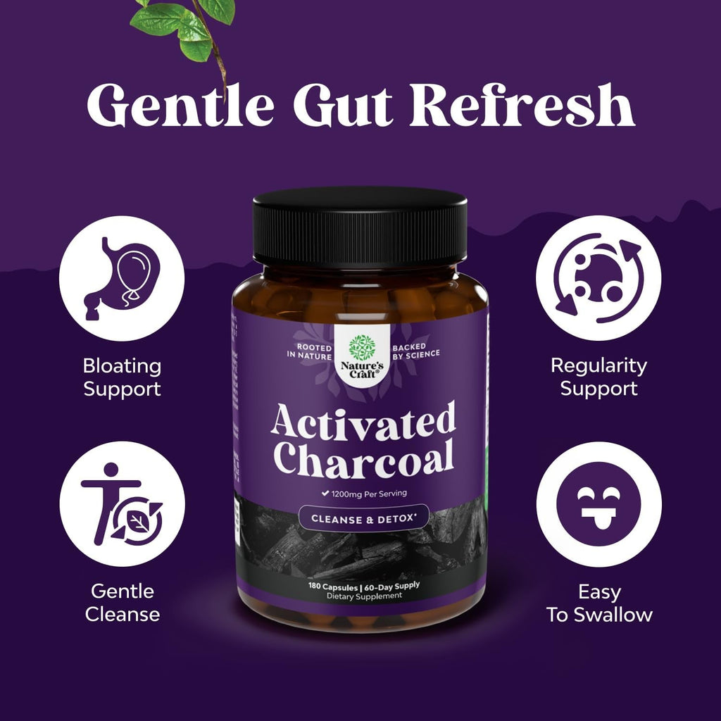 Natures Craft Activated Charcoal Pills Detox & Cleanse - Purifying Coconut Capsules with 1200 Mg per Serving for Bloating Relief - Active Detox Supplement for Body & Gut Health -180 Count