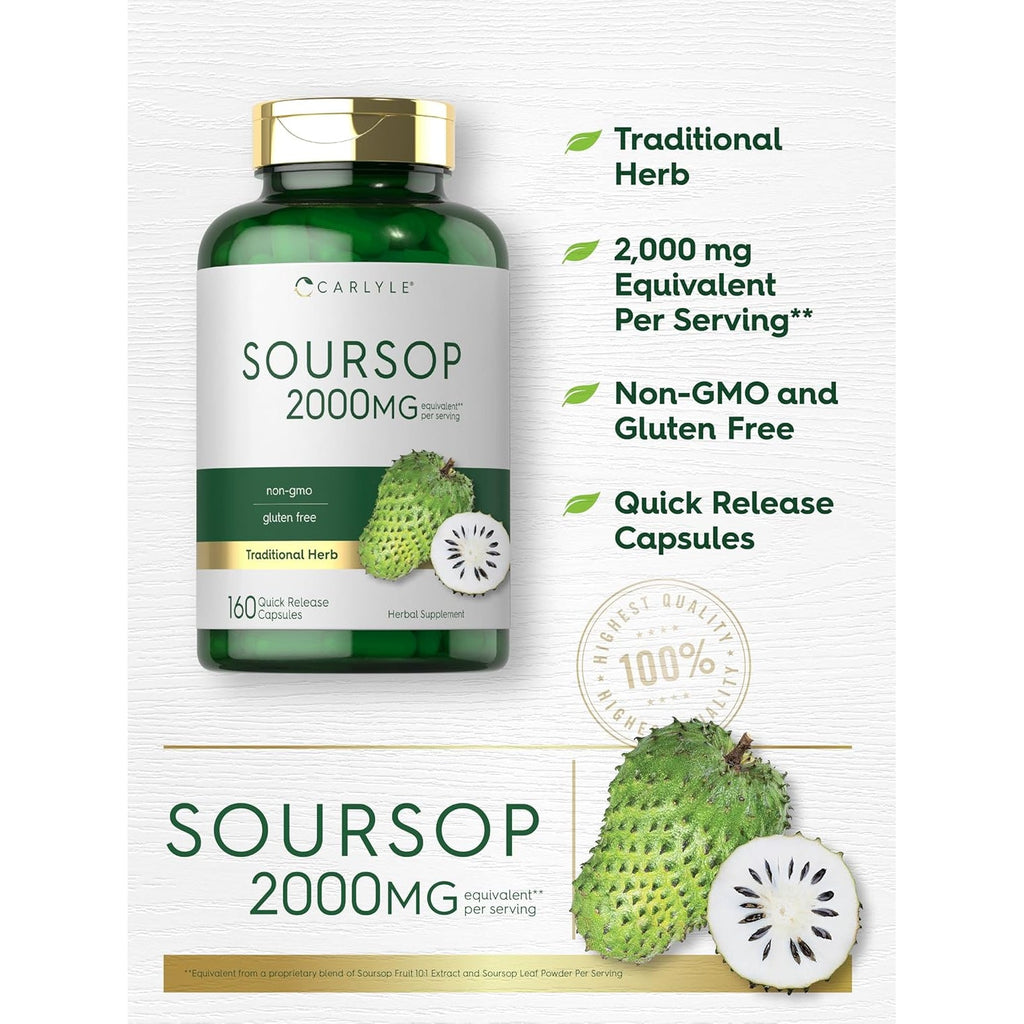 Carlyle Soursop Leaves | 160 Capsules | Traditional Herb | Non GMO, Gluten Free Supplement