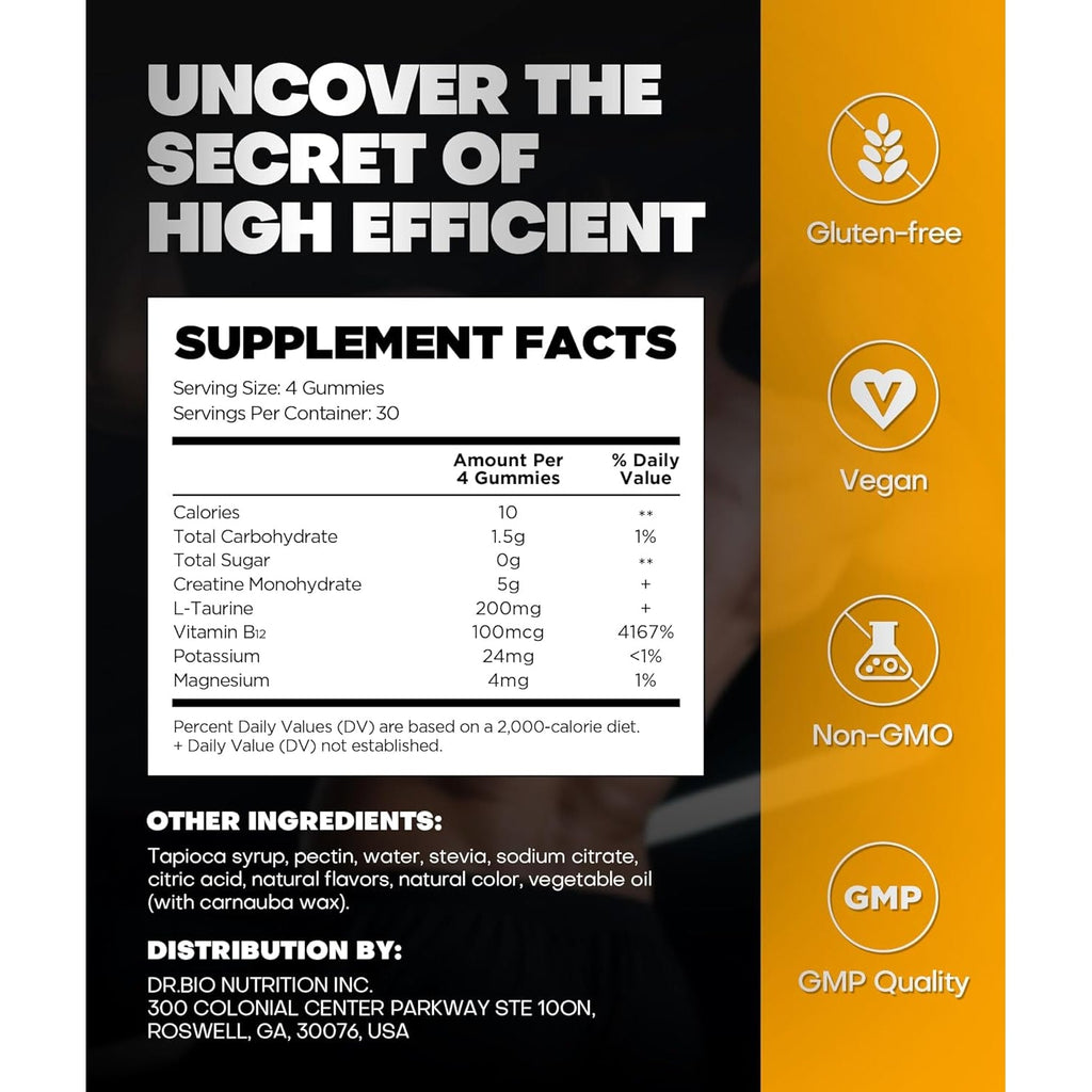 Instant Boost Creatine Monohydrate Gummies, Complex Formula with Real 5000Mg Creatine, L-Taurine, B12, Mg & K, Pre-Workout Creatine for Women & Men to Support Energy, Muscle, Recovery, 0 Sugar, Vegan